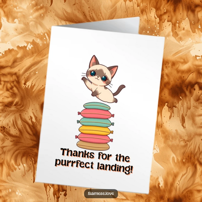 Funny Free Printable Thank You Card: A Siamese cat elegantly leaping onto cushions, expressing thanks gracefully.