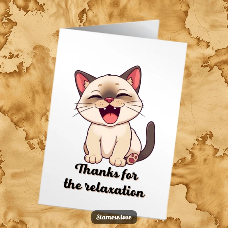 Funny Free Printable Thank You Card: Happy Siamese cat stretching wide and yawning with pure satisfaction.