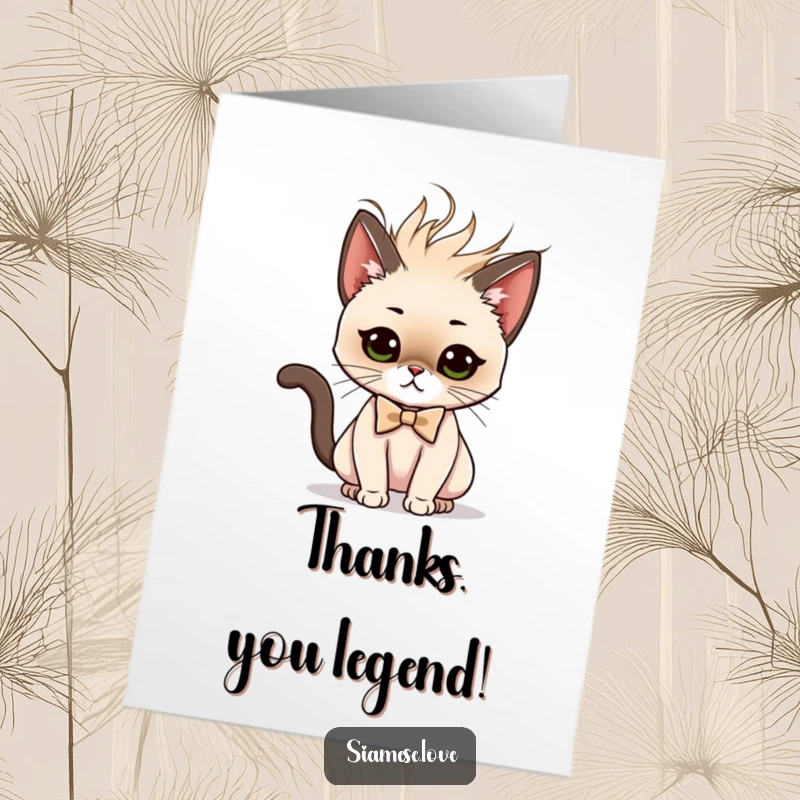 Funny Free Printable Thank You Card: A Siamese cat in a tiny bow tie performs a sassy, dramatic hair flip.