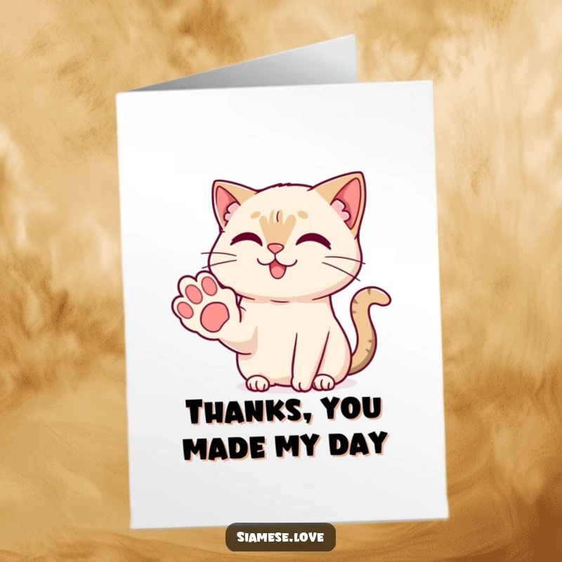 Free Printable Thank You Card: A Kawaii Siamese cat offers a friendly paw, conveying heartfelt thanks with a smile.