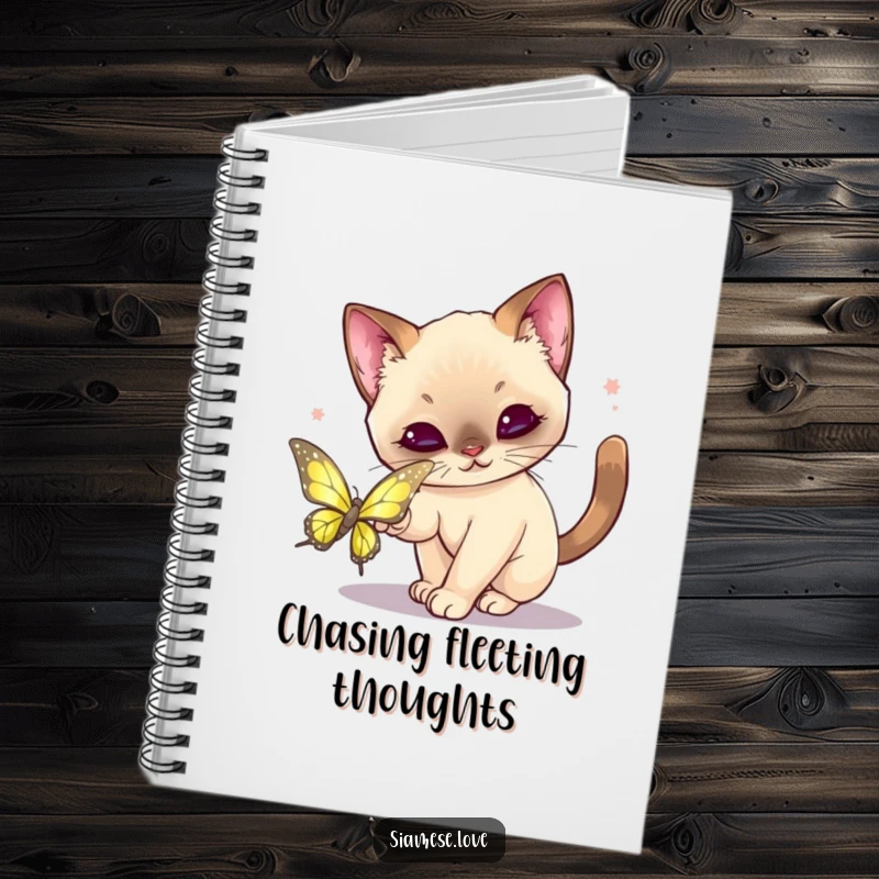 Funny Kawaii Siamese Cat Notebook: Cute cat playfully pouncing on a shimmering butterfly, ideal for jotting down adventurous ideas.