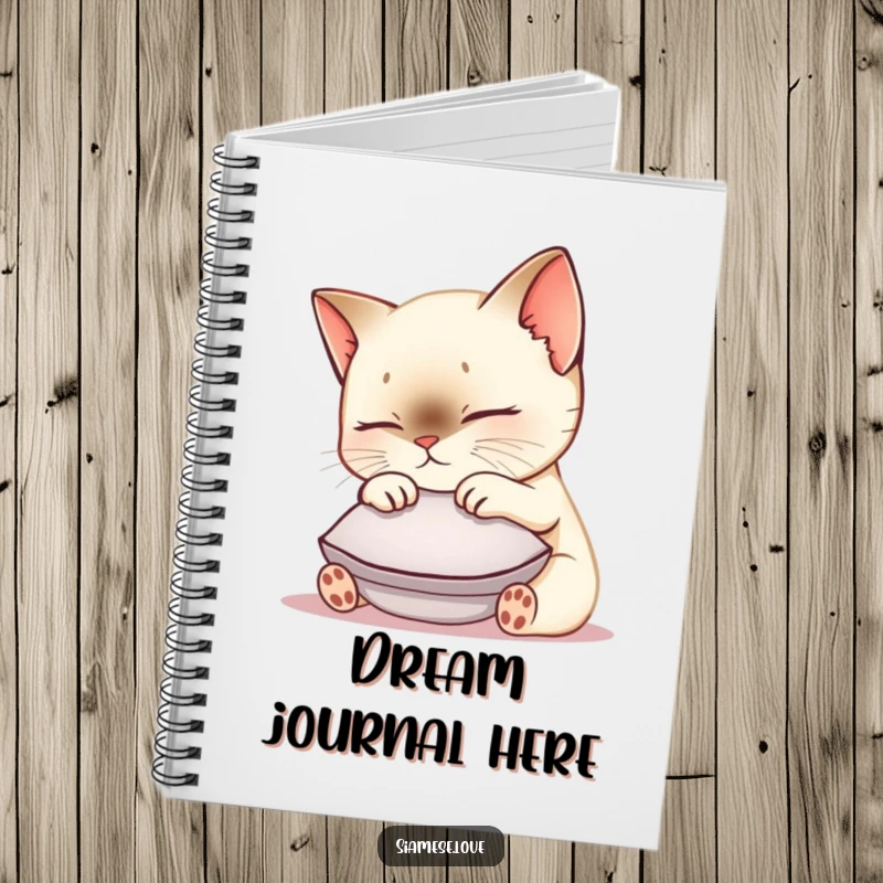 Funny Siamese cat notebook with a cute kawaii kitty nuzzling a small cushion, perfect for jotting down notes with feline charm.