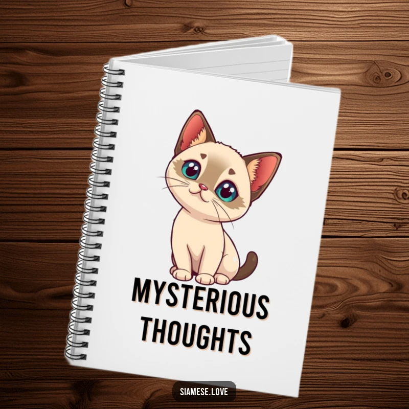 Funny kawaii Siamese cat tilting its head with intrigue on a notebook cover, inspiring thoughtful ideas.
