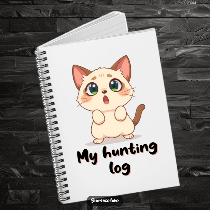 Funny notebook featuring a surprised Siamese cat with wide eyes, depicted mid-pounce on empty air.