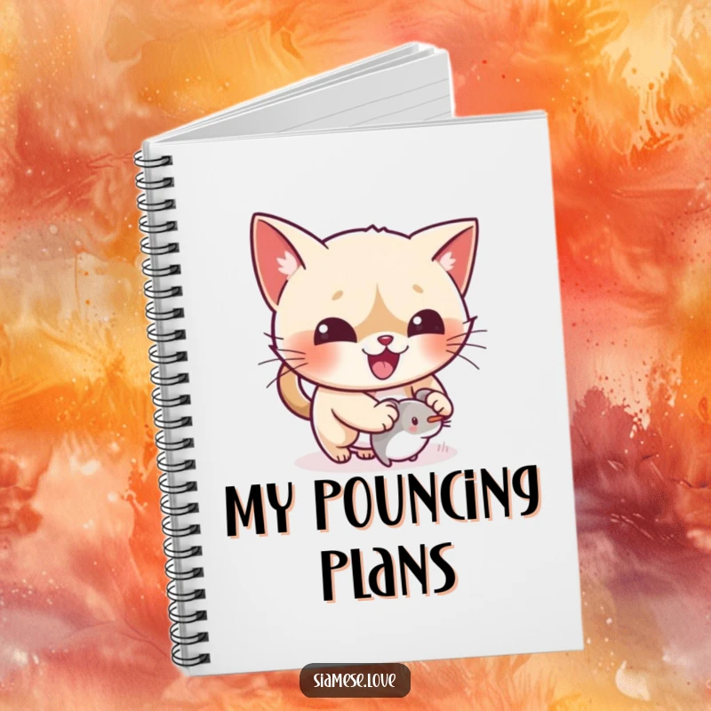 Funny kawaii Siamese cat pouncing on a tiny mouse toy on a notebook cover, inspiring action.