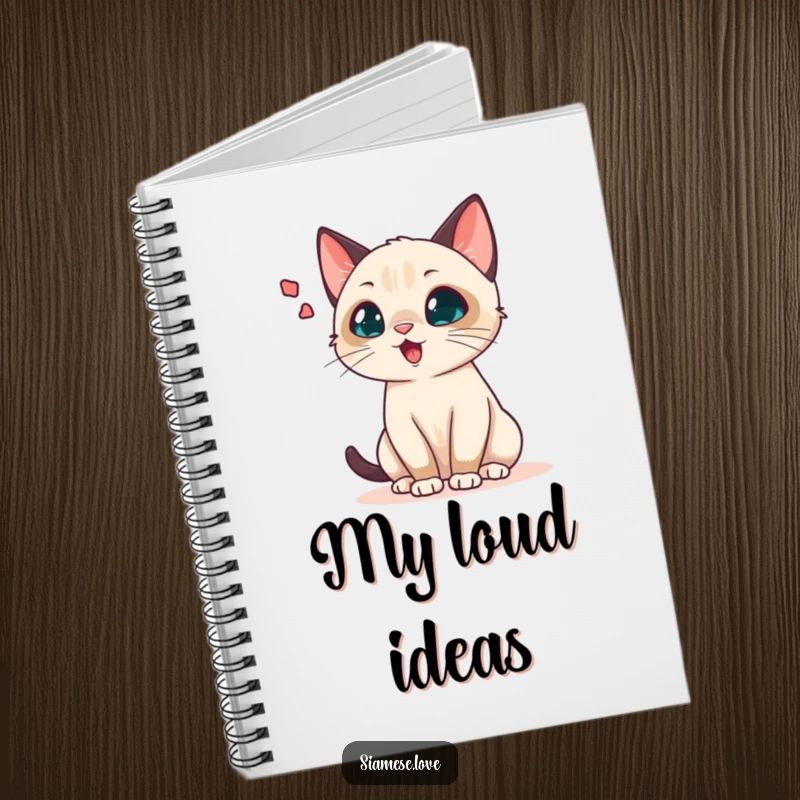 Funny Siamese cat notebook depicting a chattering cat with an exaggerated sound wave bubble, perfect for notes and expressive ideas.