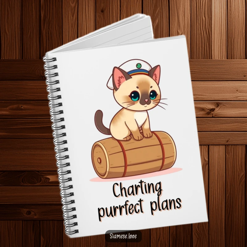 Funny kawaii Siamese cat notebook cover, illustrated in a sailor hat, balancing on a rolling barrel.