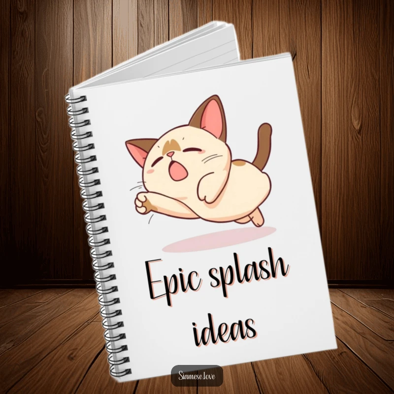 Funny Kawaii Siamese Cat Notebook: A cute Siamese cat character in a funny, exaggerated clumsy dive, ideal for note-taking.