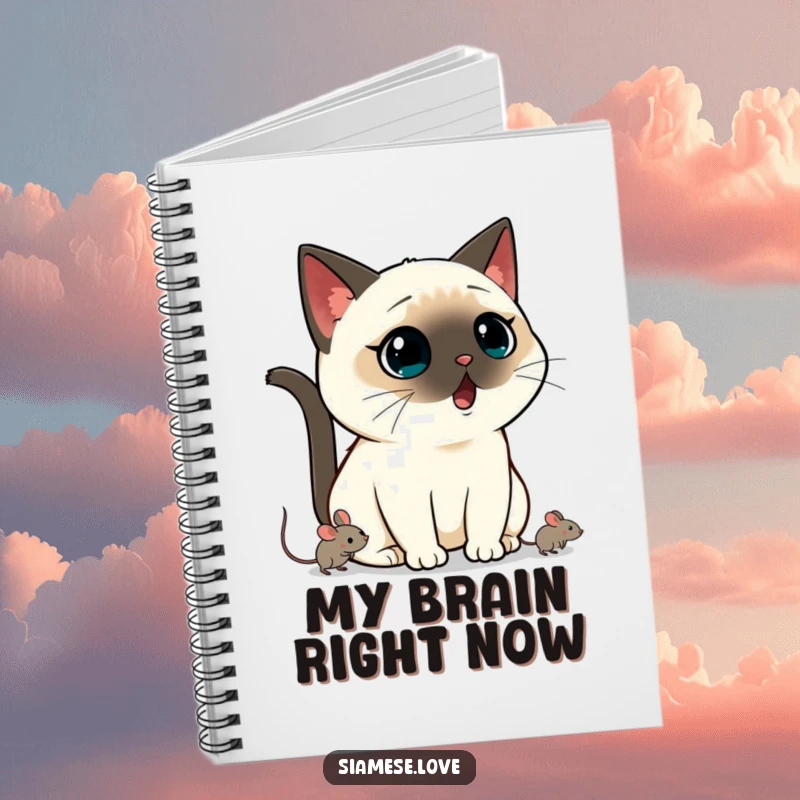 Funny Kawaii Siamese cat notebook with a shocked expression, a mouse is seen escaping, an ideal funny gift.