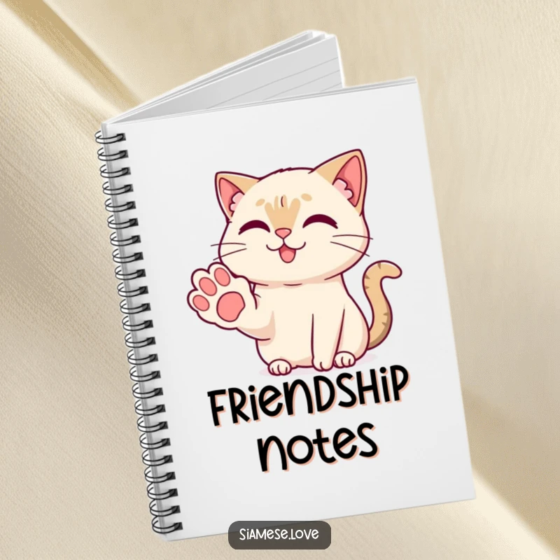 Funny Kawaii Siamese cat offering a friendly paw with a sweet smile on a notebook cover, inspiring kind thoughts.