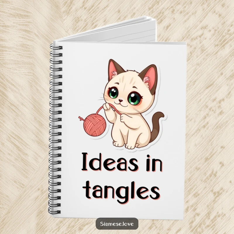 Funny Kawaii Siamese Cat Notebook: Cute cat with wide eyes batting at a yarn ball, ideal for jotting down playful ideas.