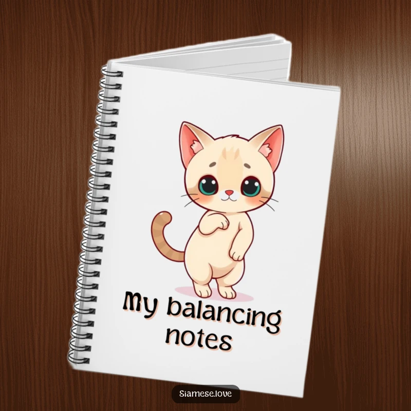 Funny Siamese Cat Notebook: A Siamese cat character balances on its hind legs with its tail high, ideal for note-taking.