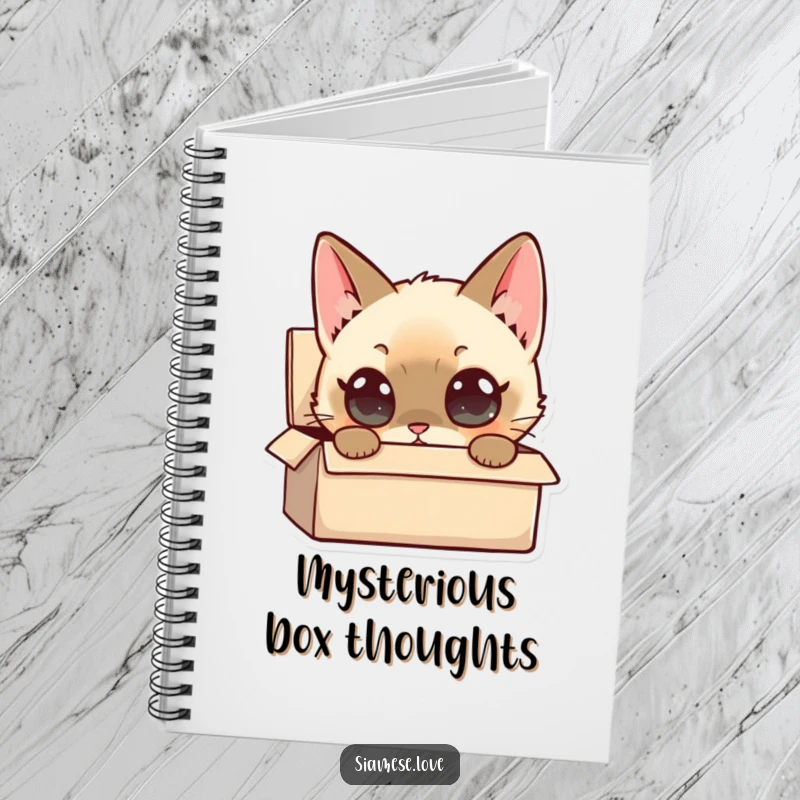 Funny Siamese Cat Notebook: A curious Siamese cat character with wide eyes peers into a small box, ideal for note-taking.