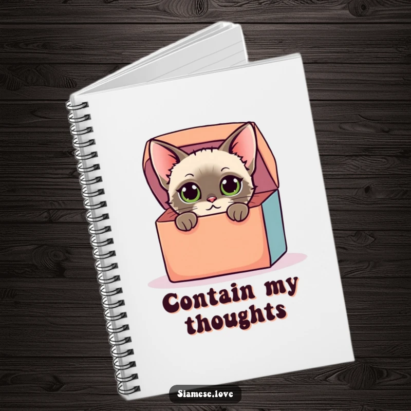 Funny notebook with a stylized Siamese cat with curious eyes peeking from a colorful oversized box, perfect for jotting notes and as a humorous gift.
