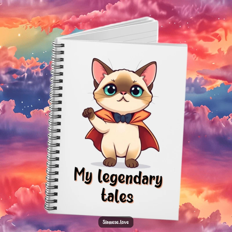 Funny Notebook: Siamese cat striking a theatrical pose in a cape, ready to capture your dramatic thoughts.