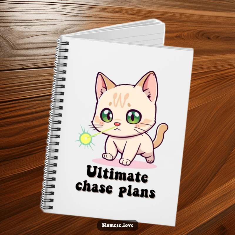 Funny Siamese Cat Notebook: A playful Siamese cat character with startled eyes chases a laser dot, ideal for note-taking humor.