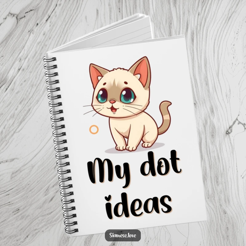 Funny notebook with a surprised kawaii Siamese cat chasing a red laser dot, perfect for focused note-taking.