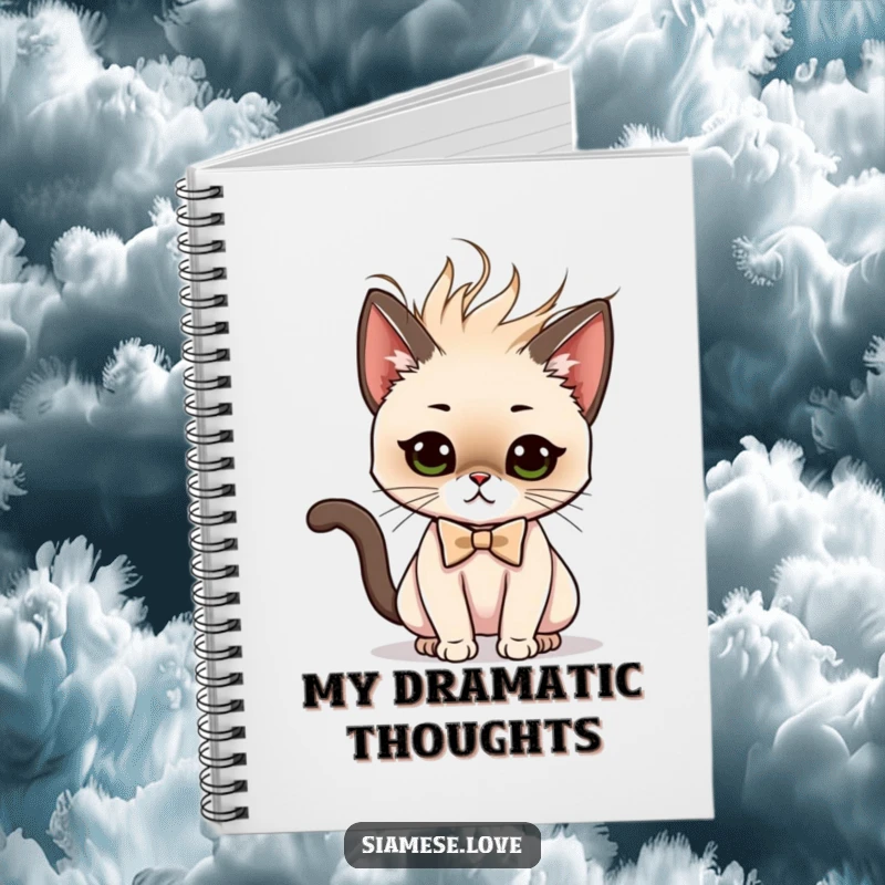 Funny notebook featuring a Siamese cat character in a bow tie performing a dramatic and sassy hair flip, perfect for journaling.