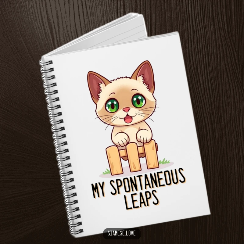Funny Siamese cat notebook cover, a wide-eyed, astonished cat mid-air, jumping over a fence, ideal for humorous notes.