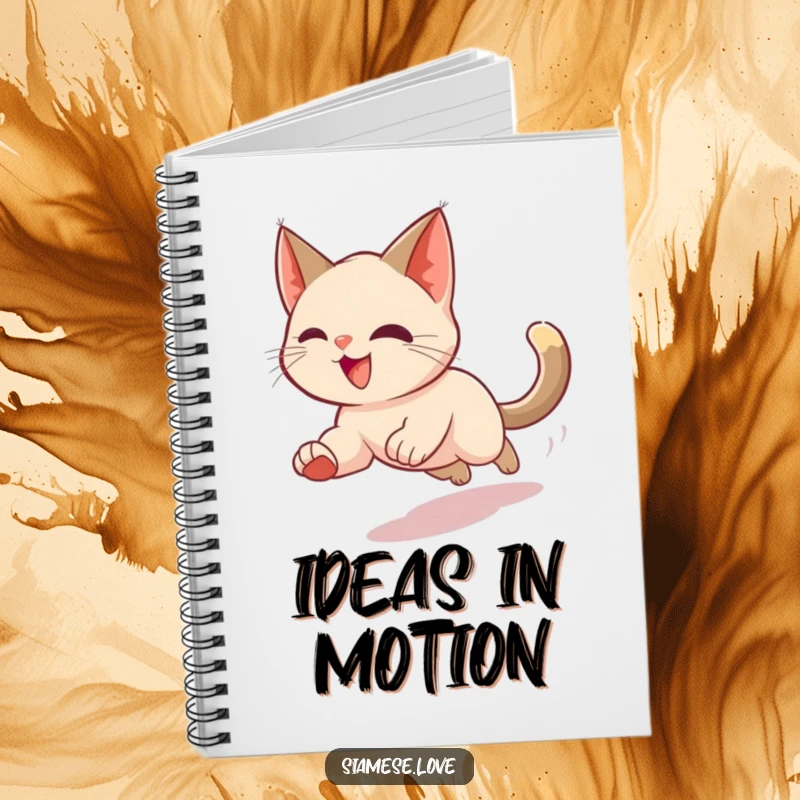 Funny notebook cover depicting a Siamese cat in a motion blur chasing its tail, ideal for journaling with energetic humor.