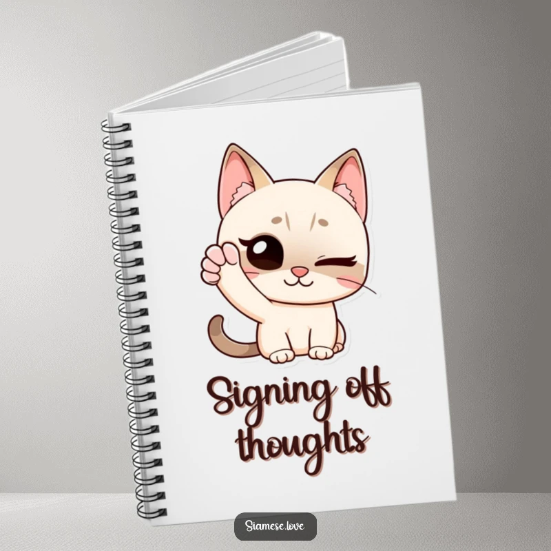 Funny notebook cover depicting a Siamese cat winking and waving with its paw, ideal for journaling with a friendly and humorous touch.