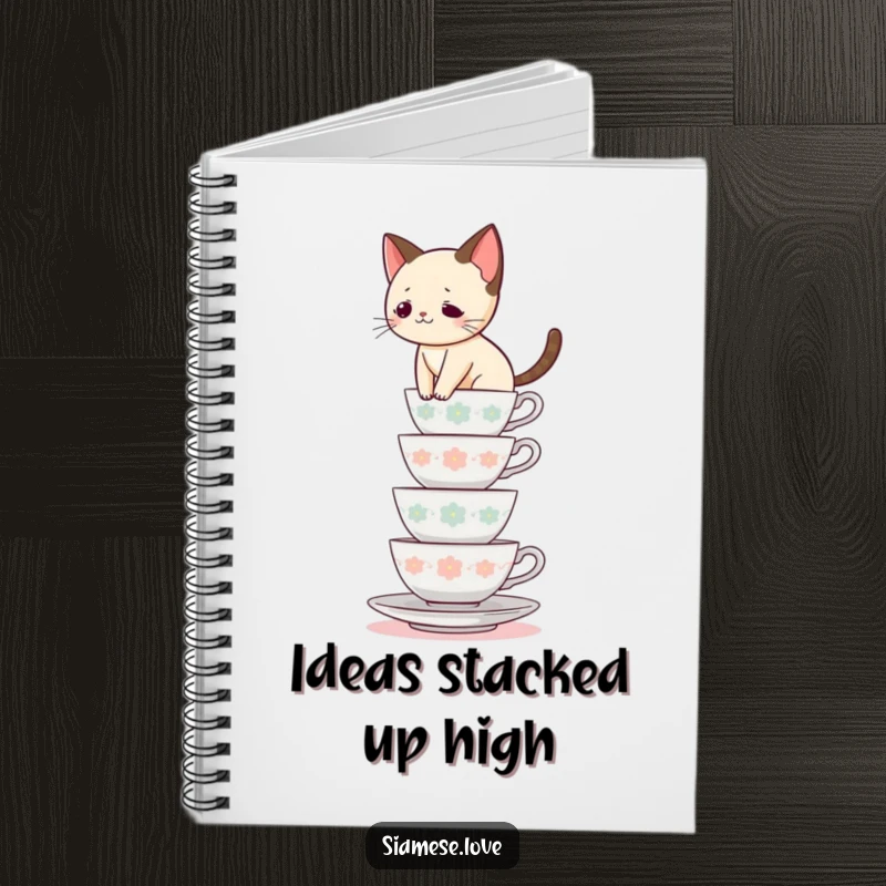 Funny Siamese cat notebook, feline balancing on teacups, for writing notes, ideal funny gift for students.