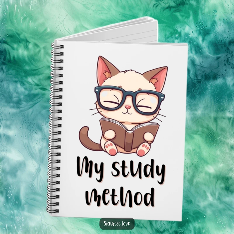Funny Siamese cat notebook cover showing a cat in glasses reading a book upside down, ideal for journaling with humor.