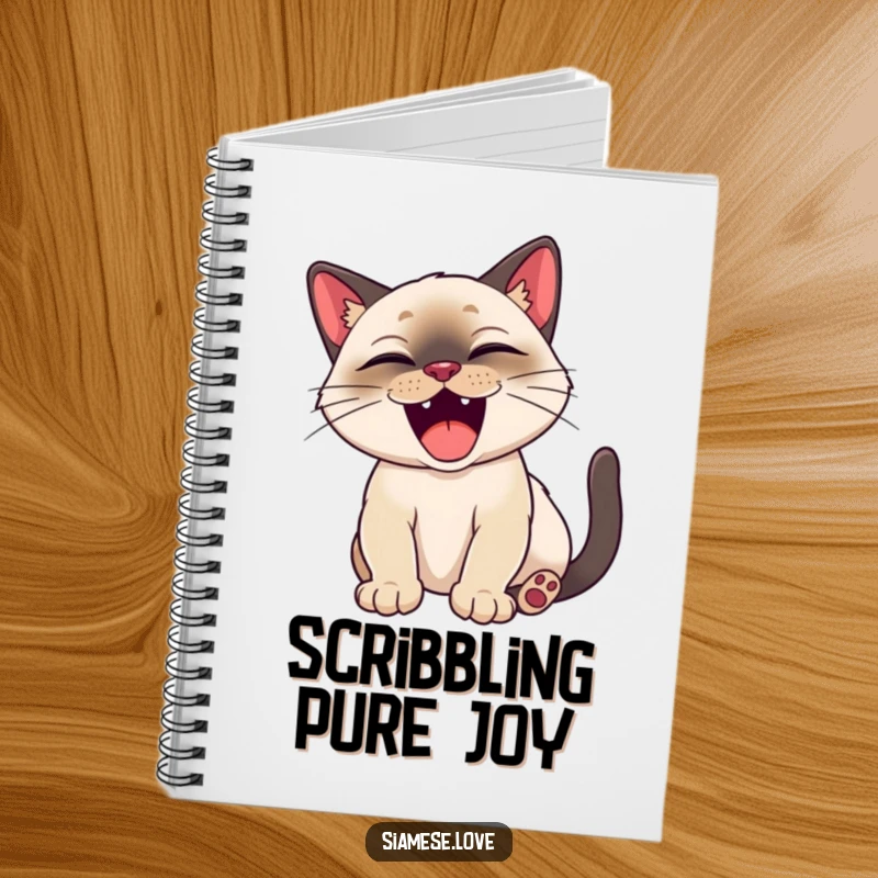 Funny Siamese cat happily stretching with a big, satisfied yawn on a notebook cover.