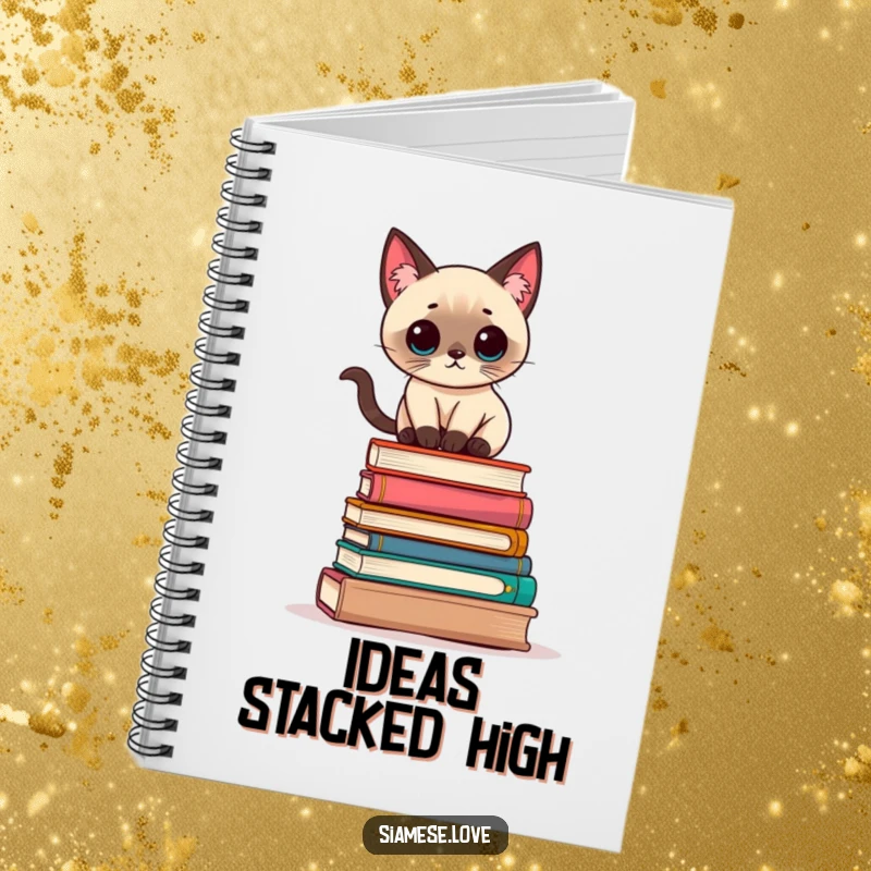 Funny Kawaii Siamese cat balancing precariously on a stack of books on a notebook cover, inspiring wise note-taking.