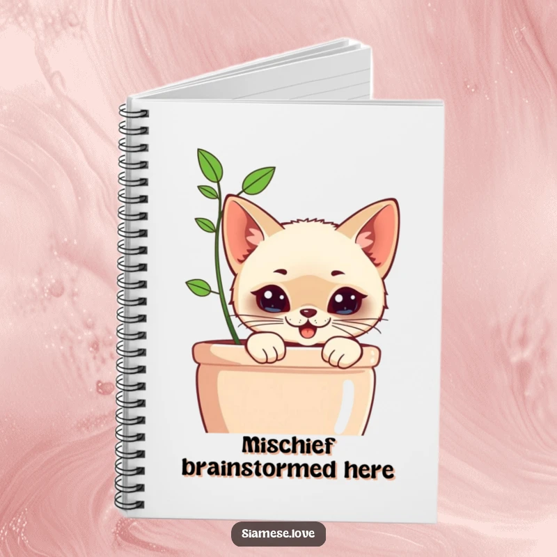 Funny Kawaii Siamese Cat Notebook: Cute cat with a mischievous grin peeking from behind a planter, ideal for jotting down playful ideas.