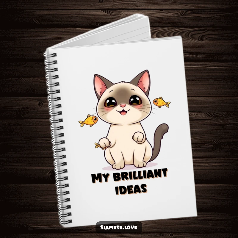Funny Notebook: A cheerful Siamese cat juggling three fish, ready to document your most creative thoughts.