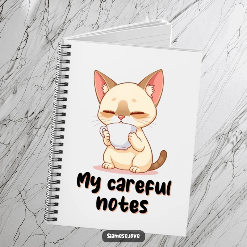 Funny Siamese cat balancing a teacup on its nose on a notebook cover, inspiring focused writing and elegant note-taking.