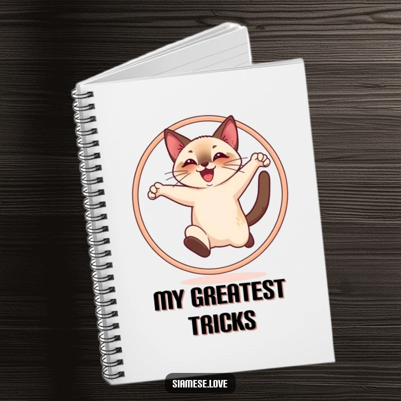 Funny notebook featuring a cheerful Siamese cat joyfully leaping through a hoop, great for notes and inspiration.