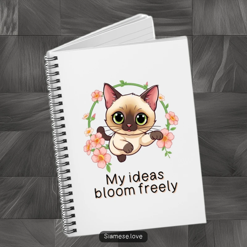 Funny notebook with a curious Siamese cat leaping through a hoop of flowers, perfect for capturing thoughts with a touch of feline elegance.