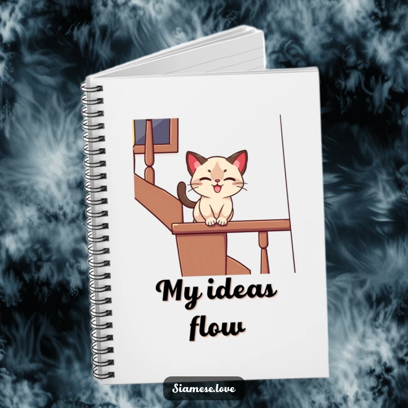 Funny notebook with a stylized Siamese cat playfully sliding down a banister with a joyful expression, perfect for jotting notes and as a humorous gift.