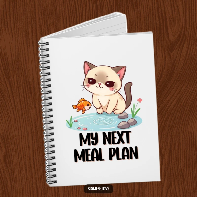 Funny Siamese cat notebook, smugly catching a falling fish from a tiny pond, a humorous journal for capturing brilliant ideas.