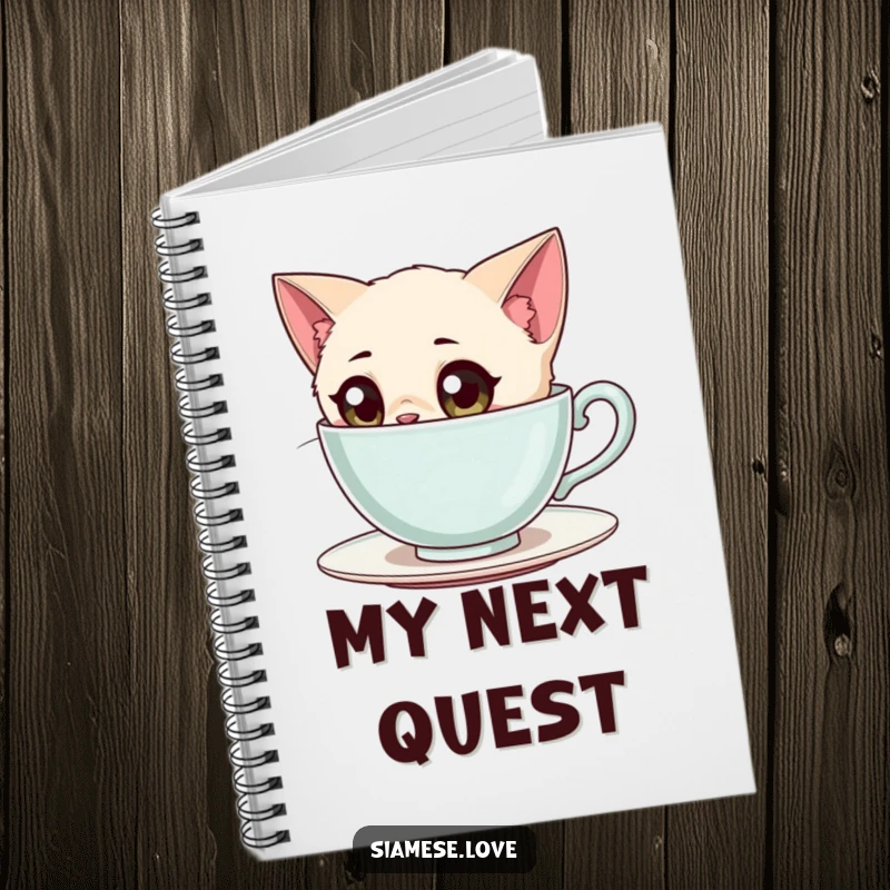 Funny Siamese Cat Notebook: A curious Siamese cat with wide eyes peering into a giant teacup, great for notes.