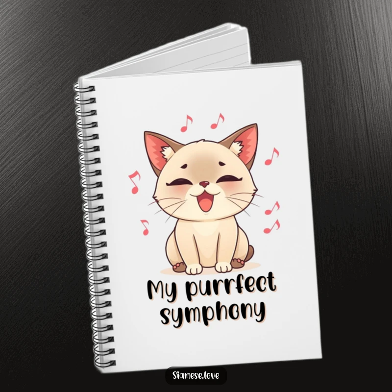 Funny notebook cover, a content Siamese cat character purring loudly, surrounded by floating musical notes, perfect for melodic note-taking.