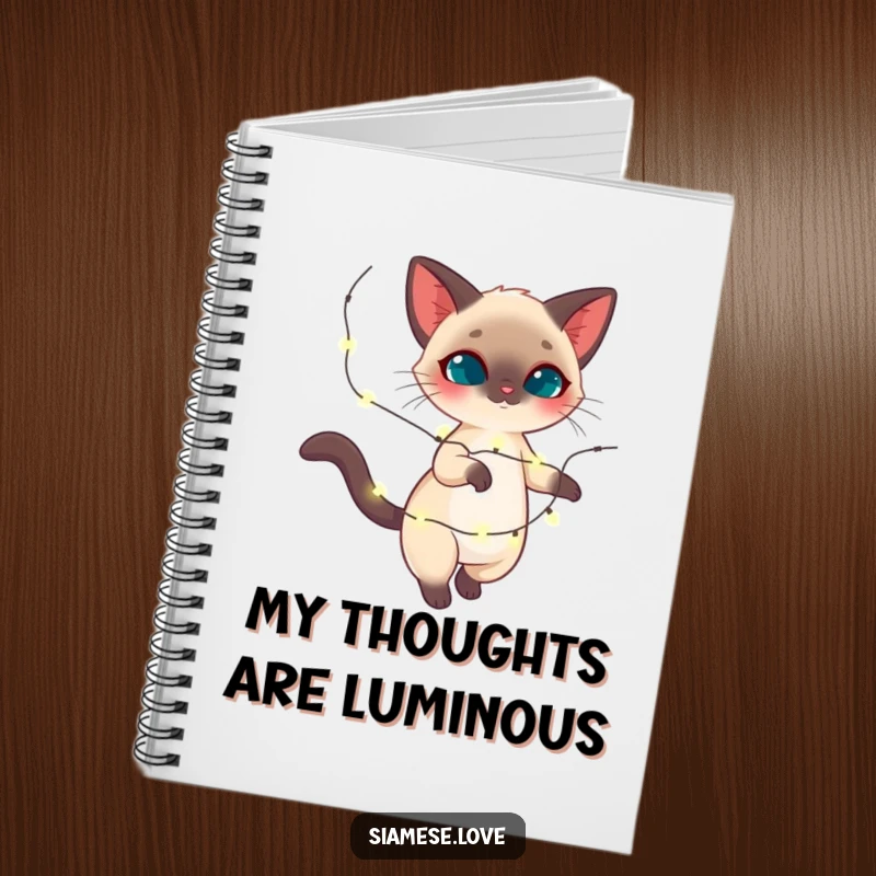 Funny Siamese cat notebook, feline twirling with sparkling holiday lights, for writing notes, ideal funny gift.