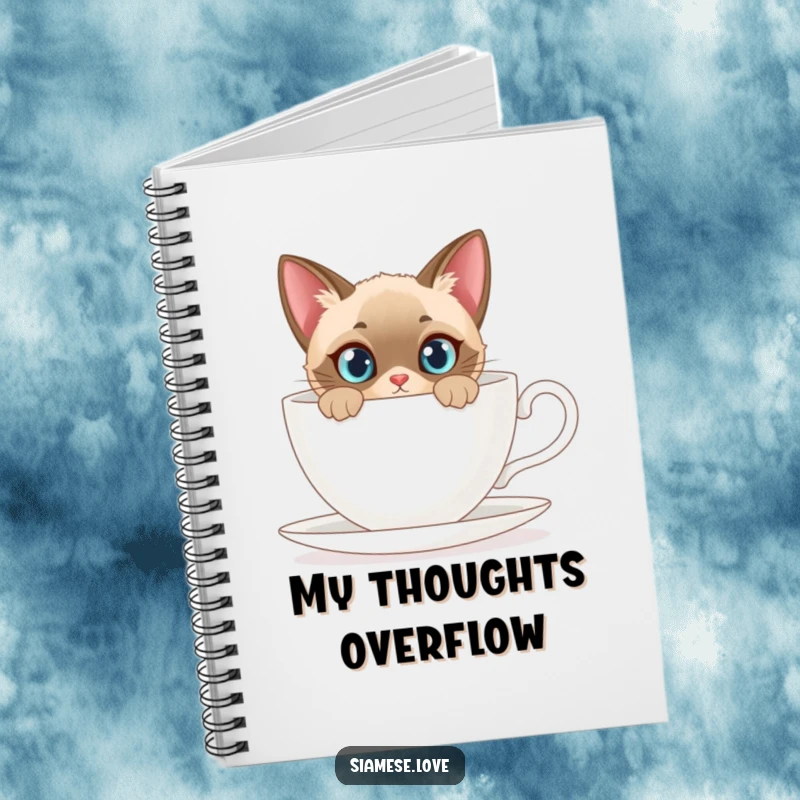 Funny notebook cover featuring a curious Siamese cat peeking from behind a giant teacup, for jotting down notes.