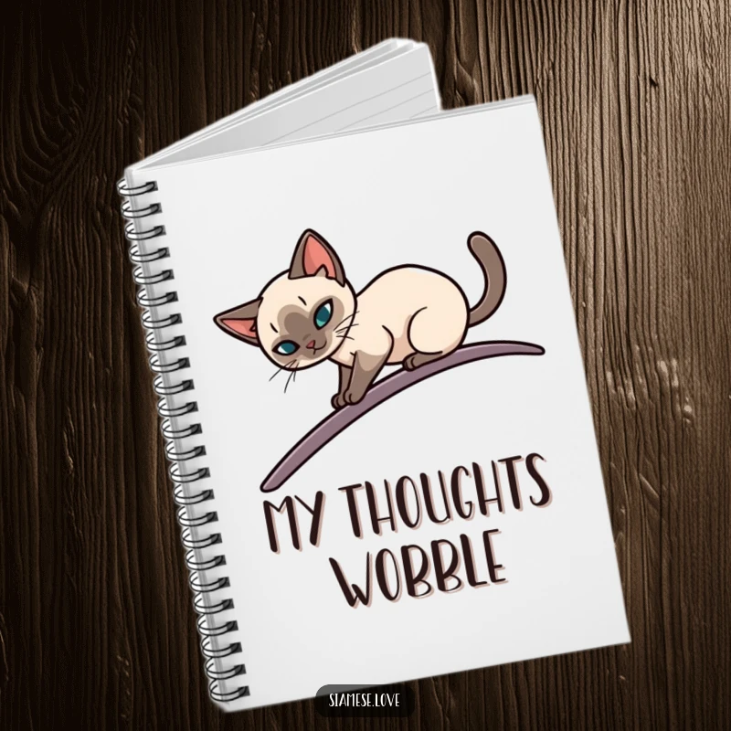 Funny notebook with a sleek Siamese cat elegantly balancing on a narrow, curving surface, perfect for jotting notes and as a humorous gift.