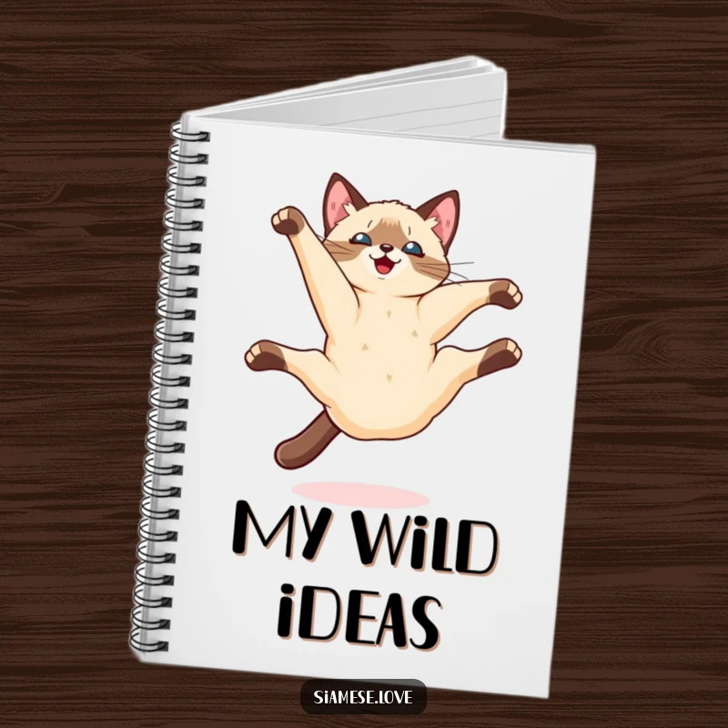 Funny Kawaii Siamese cat doing a playful somersault mid-air on a notebook cover, inspiring energetic note-taking.