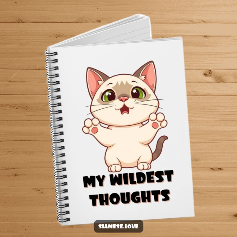 Funny notebook cover depicting a Siamese cat with paws raised in a surprised, comical expression, ideal for journaling with humor.