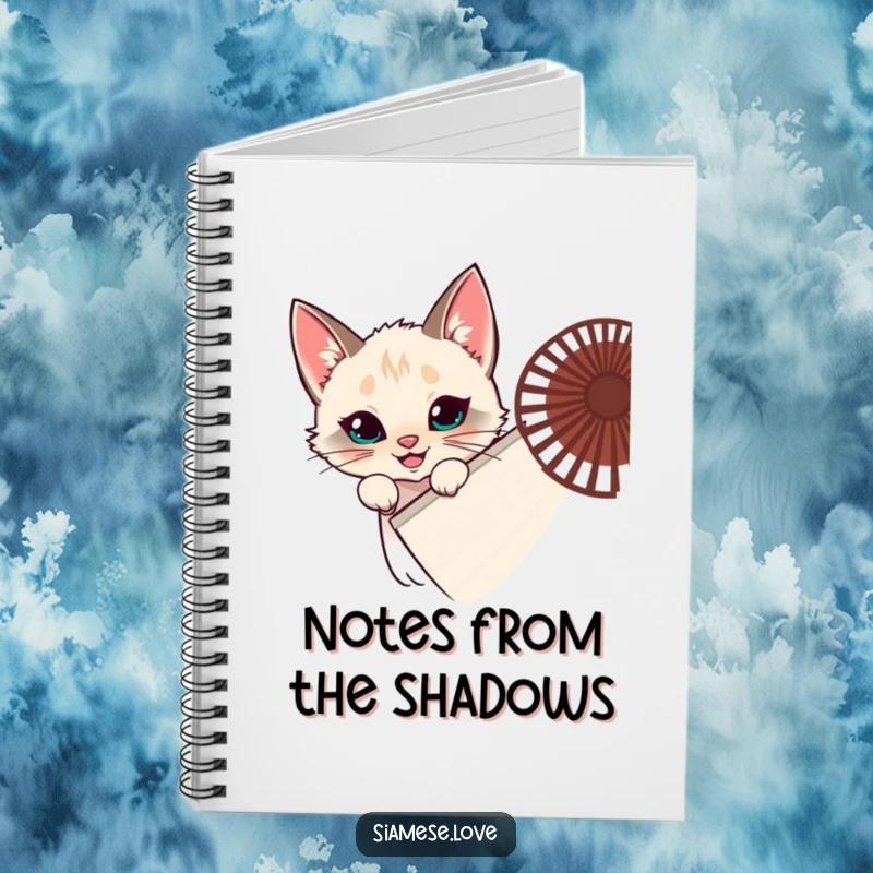 Funny Siamese cat notebook, feline hiding behind a fan, peeking with a grin, for notes, ideal funny gift.