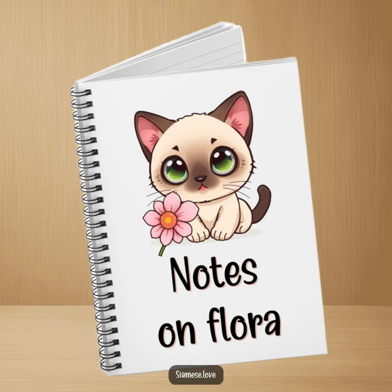 Funny kawaii Siamese cat with wide eyes sniffing a flower on a notebook cover, inspiring wonder.