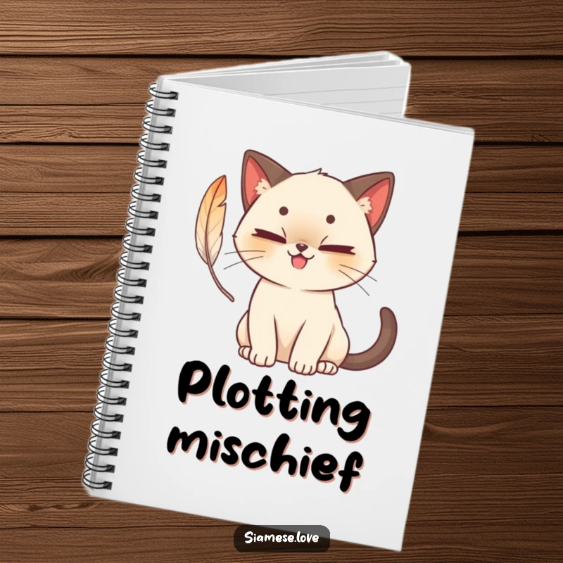 Funny cute Siamese cat notebook with a mischievous grin, batting at a feather, charming and humorous for journaling.