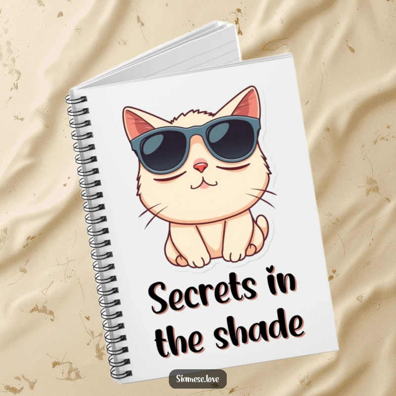 Funny Siamese cat comically wearing oversized sunglasses on a notebook cover, perfect for stylish notes.