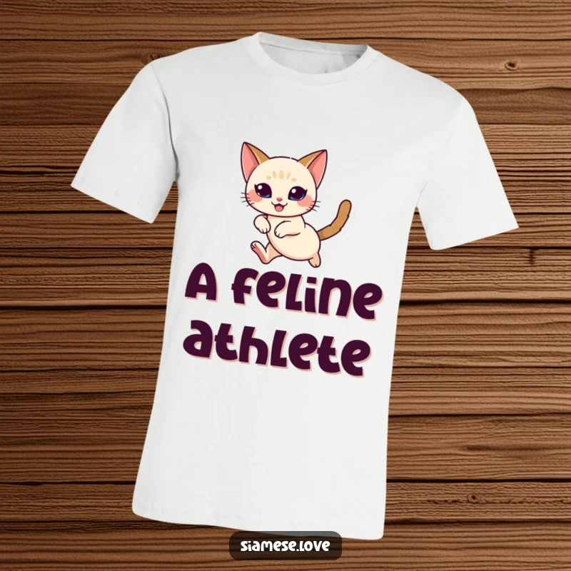 Funny Siamese Cat T-Shirt: A graceful Siamese cat character captured mid-leap, expressing absolute joy and freedom.