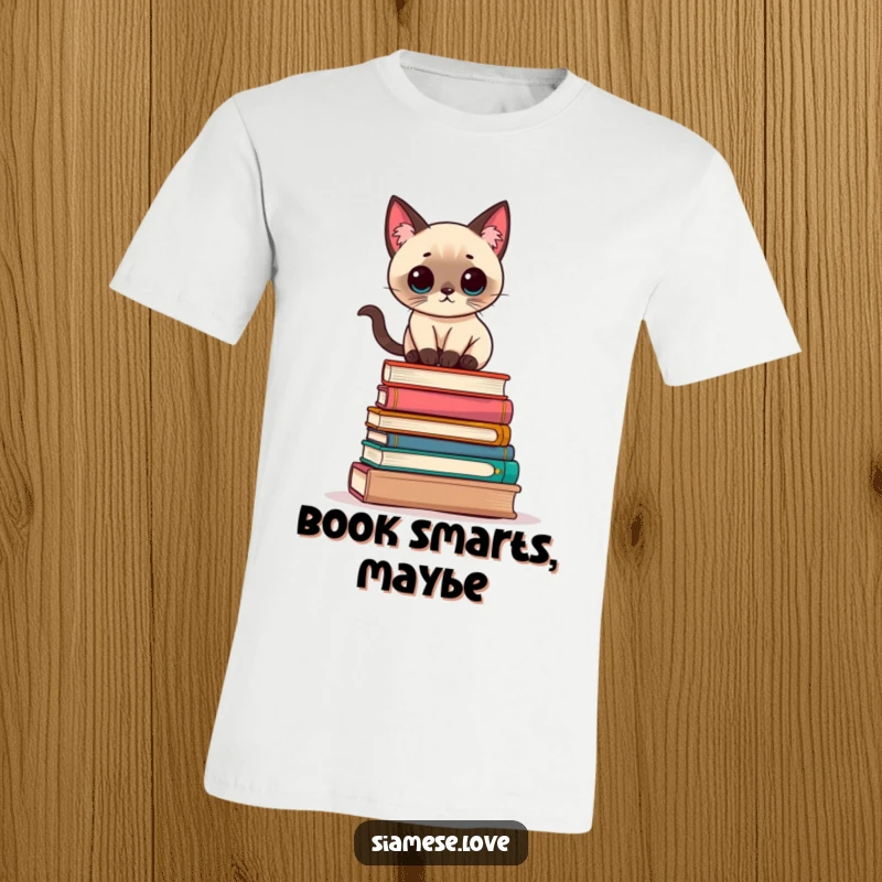 Funny Kawaii Siamese cat balancing precariously on a stack of books on a graphic T-shirt, showcasing cleverness and charm.