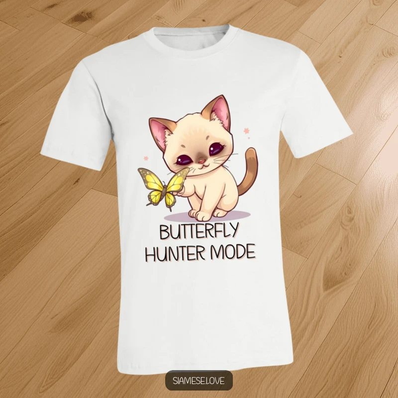 Funny Kawaii Siamese Cat T-Shirt: Adorable cat in a playful leap, chasing a shimmering butterfly.